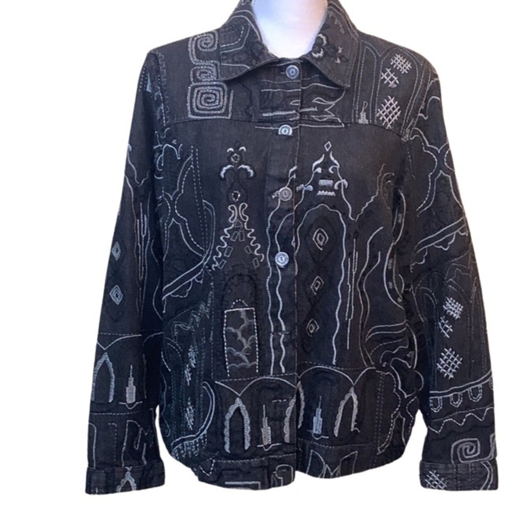Laura Ashley Black Denim Jacket Embroidered Beaded Abstract Artsy Wearable Art M